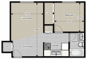 1 Bedroom 1 Bath 500 Sq. Ft Floor Plan at Jordan Court Apartments, Integrity Realty, Kent